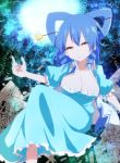  1girl aqua_dress blue_hair breasts cleavage dress hair_ornament hair_rings hair_stick half-closed_eyes highres kaku_seiga large_breasts open_clothes open_vest puffy_short_sleeves puffy_sleeves short_sleeves smile solo takorice touhou vest 
