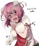  1girl :d bandaged_arm blouse blush breast_lift breasts bun_cover chinese_clothes commentary_request double_bun highres ibaraki_kasen miton15 nervous_smile open_mouth pink_hair red_eyes shaded_face short_sleeves skirt smile solo tabard tears touhou trembling turn_pale wavy_mouth 
