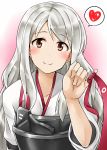 1girl blush hairband hairband_removed hakama_skirt headwear_removed heart highres japanese_clothes kamelie kantai_collection long_hair long_sleeves looking_at_viewer muneate shoukaku_(kantai_collection) silver_hair smile solo speech_bubble spoken_heart 
