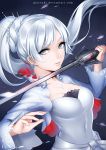  1girl artist_name bangs blue_eyes breasts cleavage covered_navel earrings ears eyebrows eyebrows_visible_through_hair hair_ornament jewelry light_smile long_hair looking_at_viewer necklace parted_bangs parted_lips ponytail pricey rapier rwby solo sword upper_body watermark weapon web_address weiss_schnee white_hair 