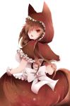  1girl alternate_costume animal_ears arano_oki back breasts brown_hair cosplay dress grimm&#039;s_fairy_tales hair_over_one_eye highres hood imaizumi_kagerou large_breasts little_red_riding_hood little_red_riding_hood_(cosplay) little_red_riding_hood_(grimm) long_hair looking_at_viewer looking_back open_mouth red_eyes solo tail touhou transparent_background tsurime wolf_ears wolf_tail wrist_cuffs 