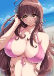  1girl beach bikini breasts brown_eyes brown_hair dutch_angle front-tie_bikini front-tie_top large_breasts looking_at_viewer original piston_ring solo swimsuit upper_body 