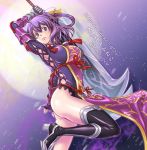  1girl ao_no_kiseki black_legwear boots breasts eiyuu_densetsu gauntlets gloves half_updo huge_weapon long_hair moon purple_hair rixia_mao short_hair solo sword tabard thigh-highs thigh_boots thighs violet_eyes weapon 