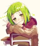  1girl :d bangs beige_background blunt_bangs blush desk eyelashes fingernails green_eyes green_hair gumi hair_over_one_eye half-closed_eyes head_rest head_tilt long_sleeves nose_blush open_mouth red_scarf scarf school_desk short_hair sidelocks simple_background sleeves_past_wrists smile solo sweater table upper_body v vocaloid wavy_mouth winter_clothes yamori_shiki 