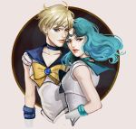  2girls aqua_hair bishoujo_senshi_sailor_moon blonde_hair blue_eyes choker circlet collarbone kaiou_michiru mistermagnolia multiple_girls ribbon sailor_collar sailor_neptune sailor_uranus short_hair ten&#039;ou_haruka 