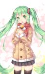  1girl coat cowboy_shot green_eyes green_hair hatsune_miku highres long_hair looking_at_viewer open_mouth scarf skirt solo thigh-highs twintails very_long_hair vocaloid yakiimo 