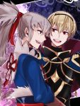  2boys armor blonde_hair cape fire_emblem fire_emblem_if grey_hair leon_(fire_emblem_if) long_hair multiple_boys open_mouth ponytail red_eyes takumi_(fire_emblem_if) 