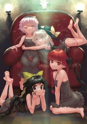  4girls :o arm_support armchair bangs between_legs black_eyes black_hair black_panties black_ribbon blunt_bangs braid chair checkered checkered_floor hair_ribbon hairband hand_between_legs heart highres hug kaenbyou_rin komeiji_koishi komeiji_satori lamp legs_up long_hair looking_at_viewer lying multiple_girls on_stomach one_eye_closed panties pink_eyes pink_hair pointy_ears polpol red_eyes redhead reiuji_utsuho ribbon short_hair third_eye touhou tress_ribbon twin_braids underwear 