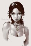  &gt;:) 1girl artist_name bare_shoulders breasts cleavage collarbone dandon_fuga green_eyes grey_background jewelry lara_croft lips long_hair looking_at_viewer monochrome necklace pendant shirt simple_background sleeveless sleeveless_shirt smile solo spot_color tank_top tomb_raider tsurime upper_body watermark web_address 