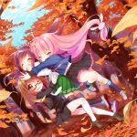  3girls ahoge autumn autumn_leaves belt black_serafuku blush brown_eyes brown_hair bunny_hair_ornament check_commentary closed_eyes clouds commentary_request crescent_hair_ornament crescent_moon_pin forest glasses hair_ornament hair_ribbon kantai_collection kisaragi_(kantai_collection) leaf leg_up loafers long_hair long_sleeves minami_(apricot_tea) mochizuki_(kantai_collection) multiple_girls nature necktie one_eye_closed open_mouth pink_hair pleated_skirt red-framed_glasses ribbon school_uniform semi-rimless_glasses serafuku shoes skirt sky socks teeth thigh-highs tree under-rim_glasses uniform uzuki_(kantai_collection) very_long_hair white_legwear white_necktie 