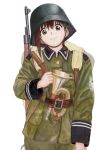  1girl asymmetrical_hair ayase_(ayase_m712) backpack bag brown_eyes brown_hair bugle gun hair_ornament hairclip helmet highres instrument military military_uniform rifle short_hair solo sora_no_woto sorami_kanata traditional_media trumpet uniform weapon white_background 