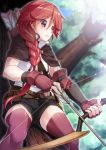  1girl bow_(weapon) braid drawing_bow fingerless_gloves gloves hai_to_gensou_no_grimgar in_tree looking_afar outdoors quiver red_eyes redhead saradabul_komaki single_braid sitting sitting_in_tree solo thigh-highs tree weapon yume_(grimgar) zettai_ryouiki 