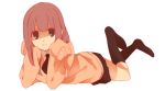  1girl brown_eyes brown_hair long_hair looking_at_viewer lying on_stomach original sekina simple_background sleeves_past_wrists smile white_background 