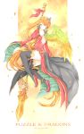  1girl black_legwear breasts copyright_name detached_sleeves green_eyes hair_over_one_eye highres looking_at_viewer mo_(k40633) orange_hair puzzle_&amp;_dragons solo wings 