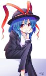  1girl :d alternate_costume aozora_market blazer blue_hair blush bracelet breasts cleavage collared_shirt contemporary hat high_heels jewelry looking_at_viewer nagae_iku necklace open_mouth pants red_eyes shirt smile solo touhou 