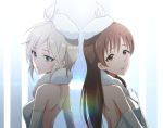  2girls anastasia_(idolmaster) back-to-back bare_shoulders blue_eyes brown_eyes brown_hair dress elbow_gloves gloves hat idolmaster idolmaster_cinderella_girls keikesu long_hair love_laika multiple_girls nitta_minami pure_white_memories short_hair silver_hair 