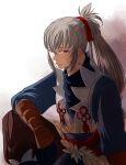  1boy fire_emblem fire_emblem_if gloves grey_hair long_hair ponytail red_eyes sitting solo takumi_(fire_emblem_if) yori_ill 