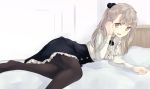  1girl albino black_legwear black_skirt blush brooch buttons frilled_skirt frills hair_bobbles hair_ornament hair_tucking hiwatari_rin jewelry looking_at_viewer lying on_side open_mouth original pantyhose pom_pom_(clothes) red_eyes skirt solo tied_hair two_side_up white_hair 