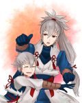  2boys closed_eyes father_and_son fire_emblem fire_emblem_if gloves grey_hair kisaragi_(fire_emblem_if) long_hair multiple_boys open_mouth ponytail red_eyes simple_background takumi_(fire_emblem_if) white_background 