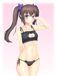  1girl black_bra black_panties bow bra brown_hair cat_cutout cat_ear_panties cat_lingerie cleavage_cutout collarbone gomi_(gomitin) hair_bow hand_in_hair himekaidou_hatate long_hair looking_at_viewer navel panties pointy_ears side-tie_panties small_breasts solo touhou twintails underwear violet_eyes 