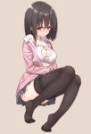  1girl black_hair blush breasts cat_cutout cat_ear_panties cat_keyhole_bra cat_lingerie cleavage cleavage_cutout highres looking_at_viewer mikazuchi_zeus open_mouth original school_uniform short_hair solo thigh-highs 