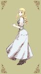  1girl agrias_oaks black_ribbon blonde_hair blue_skirt braid brown_shoes dress final_fantasy final_fantasy_tactics from_side grey_background hair_ribbon high_heels long_hair long_skirt looking_to_the_side puffy_short_sleeves puffy_sleeves ribbon shoes short_sleeves simple_background single_braid skirt solo standing vest 