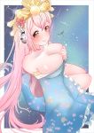 1girl aki_sakura bare_shoulders blush breasts cleavage collarbone hair_ornament headphones highres japanese_clothes kimono kimono_pull large_breasts long_hair looking_at_viewer nitroplus obi off_shoulder pink_hair red_eyes sash smile solo super_sonico 