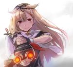  1girl aiming_at_viewer blonde_hair commentary fingerless_gloves gloves hair_flaps hair_ornament hair_ribbon hairclip holding_arm kantai_collection long_hair looking_at_viewer otototo red_eyes remodel_(kantai_collection) ribbon scarf smile solo yuudachi_(kantai_collection) 