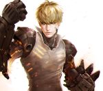  1boy black_sclera blonde_hair clenched_hands collared_shirt cyborg earrings embers foreshortening genos jewelry male_focus mechanical_arms mistermagnolia one-punch_man shirt solo upper_body yellow_eyes 