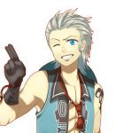  1boy abs blue_eyes gloves kof:_maximum_impact one_eye_closed simple_background soiree_meira solo tattoo the_king_of_fighters white_background white_hair yaka_(kk1177) 
