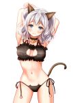  1girl animal_ears arms_behind_head bell bell_choker black_panties blue_eyes blush breasts cat_cutout cat_ears cat_keyhole_bra cat_lingerie cat_tail choker cleavage cleavage_cutout jingle_bell kantai_collection kashima_(kantai_collection) kemonomimi_mode panties short_hair side-tie_panties silver_hair simple_background smile solo tail twintails u0709 underwear white_background 