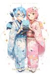  2girls alternate_costume anmi aoi_(houkago_no_pleiades) arrow blue-framed_glasses blue_eyes blue_hair brown_eyes charm flower hair_flower hair_ornament happy_new_year highres houkago_no_pleiades japanese_clothes kimono long_sleeves multiple_girls new_year obi open_mouth pink_hair sash smile subaru_(houkago_no_pleiades) translated wide_sleeves 