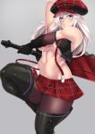  1girl alisa_ilinichina_amiella blue_eyes boots breasts elbow_gloves fingerless_gloves gloves god_eater god_eater_burst hat holding_weapon long_hair looking_at_viewer navel pantyhose raycat short_hair silver_hair skirt solo suspender_skirt suspenders sword thigh-highs thigh_boots under_boob weapon 