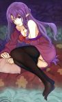  1girl bare_shoulders black_legwear blue_eyes breasts caster cleavage earrings fate/grand_order fate/stay_night fate_(series) highres jewelry long_hair looking_at_viewer medea@nae mole mole_under_eye necklace one_eye_closed panties pointy_ears purple_hair sitting solo thigh-highs underwear white_panties 