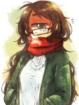  +_+ /\/\/\ 1girl breath brown-framed_glasses brown_hair cyclops glasses green_eyes hands_in_pockets jacket long_hair looking_at_viewer messy_hair muroku_(aimichiyo0526) one-eyed original red_scarf scarf simple_background two-tone_background upper_body very_long_hair white_background yellow_background 