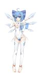  &gt;:( 1girl absurdres ahoge alternate_costume angry bangs bare_shoulders barefoot blue_eyes blue_hair blush bow breasts bridal_gauntlets cirno covered_navel facial_mark feet frown full_body gloves hair_bow halterneck hand_on_headphones headset highres hips holding ice ice_wings leotard looking_at_viewer mechanical_wings mismatched_gloves ootsuki_momiji partly_fingerless_gloves short_hair simple_background small_breasts solo standing thigh-highs toeless_legwear touhou turtleneck under_boob underboob_cutout white_background white_legwear wings 