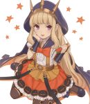  1girl :p blonde_hair book bow cagliostro_(granblue_fantasy) cape crown frills granblue_fantasy hairband hand_on_own_cheek jack-o&#039;-lantern long_hair looking_at_viewer mismatched_legwear nananichi open_mouth sidelocks sitting skirt smile solo star suspenders thigh-highs tongue tongue_out very_long_hair violet_eyes wariza 