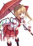  1girl :d absurdres alternate_costume blonde_hair blush flandre_scarlet gurasion_(gurasion) highres holding looking_at_viewer open_mouth red_eyes side_ponytail skirt smile solo touhou umbrella white_background wings 