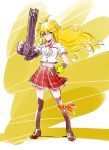  1girl alternate_costume blonde_hair gatling_gun gun highres iesupa navel prosthesis rwby school_uniform skirt solo thigh-highs violet_eyes weapon yang_xiao_long 