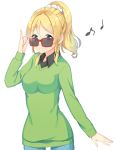  1girl adjusting_sunglasses ayase_eli blonde_hair blue_eyes long_sleeves looking_at_viewer love_live!_school_idol_project musical_note ponytail reina_(leinqchqn) simple_background smile solo sunglasses sweater white_background 