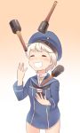  1girl :3 :d ^_^ closed_eyes commentary_request dress explosive grenade hat ido_(teketeke) kantai_collection open_mouth sailor_dress short_hair silver_hair smile solo stielhandgranate z1_leberecht_maass_(kantai_collection) 