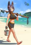  1girl airplane beach breasts bucket covered_nipples fingerless_gloves gloves hair_over_one_eye headgear kantai_collection mikoyan navel palm_tree polearm purple_hair sand sandals smile solo spear swimsuit tenryuu_(kantai_collection) tree weapon yellow_eyes 