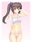  1girl bow bra brown_hair cat_cutout cat_ear_panties cat_lingerie cleavage_cutout collarbone gomi_(gomitin) hair_bow hand_in_hair himekaidou_hatate long_hair looking_at_viewer navel panties pointy_ears side-tie_panties small_breasts solo touhou twintails underwear violet_eyes white_bra white_panties 