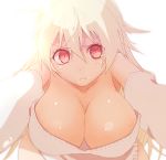  1girl :t bare_shoulders blonde_hair blurry blush breasts cleavage closed_mouth dark_skin depth_of_field detached_sleeves eyebrows eyebrows_visible_through_hair fate/grand_order fate_(series) genderswap gilgamesh hair_between_eyes large_breasts long_hair looking_at_viewer pouring red_eyes simple_background sketch solo sweater syru_p tears twitter_username white_background 