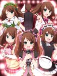  1boy apron blush brown_hair collage crossdressinging dress from_behind green_eyes hat highres idolmaster idolmaster_side-m long_hair looking_at_viewer maid maid_headdress male_focus mini_hat mini_top_hat mizushima_saki one_eye_closed open_mouth otoko_no_ko pig ringo_yuyu school_uniform skirt smile solo top_hat twintails 