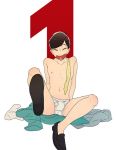  1boy briefs closed_eyes clothes_removed fang formal heart heart_in_mouth male_focus matsuno_osomatsu osomatsu-kun osomatsu-san parody simple_background sitting smile solo suit underwear white_background 