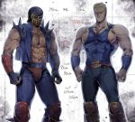  2boys armor belt blonde_hair helmet hokuto_no_ken jagi kamizawa_(sark) male_focus multiple_boys muscle red_cross scar short_hair smile souther spikes standing 