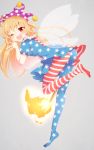  1girl american_flag_legwear american_flag_shirt aoi_(annbi) ass blonde_hair clownpiece collar fairy_wings fire frilled_collar frills hat highres jester_cap leg_up long_hair looking_at_viewer one_eye_closed one_leg_raised pantyhose polearm red_eyes short_sleeves simple_background solo standing_on_one_leg tiptoes torch touhou weapon wings 