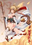  1girl ahoge anchira_(granblue_fantasy) ass bare_shoulders barefoot beige_background blonde_hair bow bracelet breasts brown_background detached_pants detached_sleeves diamond_(shape) earrings flying_nimbus full_body fur_trim granblue_fantasy hagoromo hair_ornament hairband highres holding_weapon jewelry jumping leotard looking_at_viewer marble monkey_ears monkey_tail petals red_eyes red_ribbon ribbon ring rope sash see-through shawl short_hair sideboob small_breasts solo staff striped striped_bow tako_seijin tassel text 