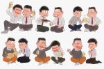  6+boys ;) alcohol bowl_cut brothers buck_teeth cat cup dress_shirt drinking_glass family father_and_son green_necktie grey_background hair_tousle highres indian_style male_focus matsuno_choromatsu matsuno_ichimatsu matsuno_juushimatsu matsuno_karamatsu matsuno_matsuzou matsuno_osomatsu matsuno_todomatsu multiple_boys necktie one_eye_closed osomatsu-kun osomatsu-san pouring red_necktie sake saytzeff seiza sextuplets shirt siblings simple_background sitting smile socks sweater toast_(gesture) wariza 